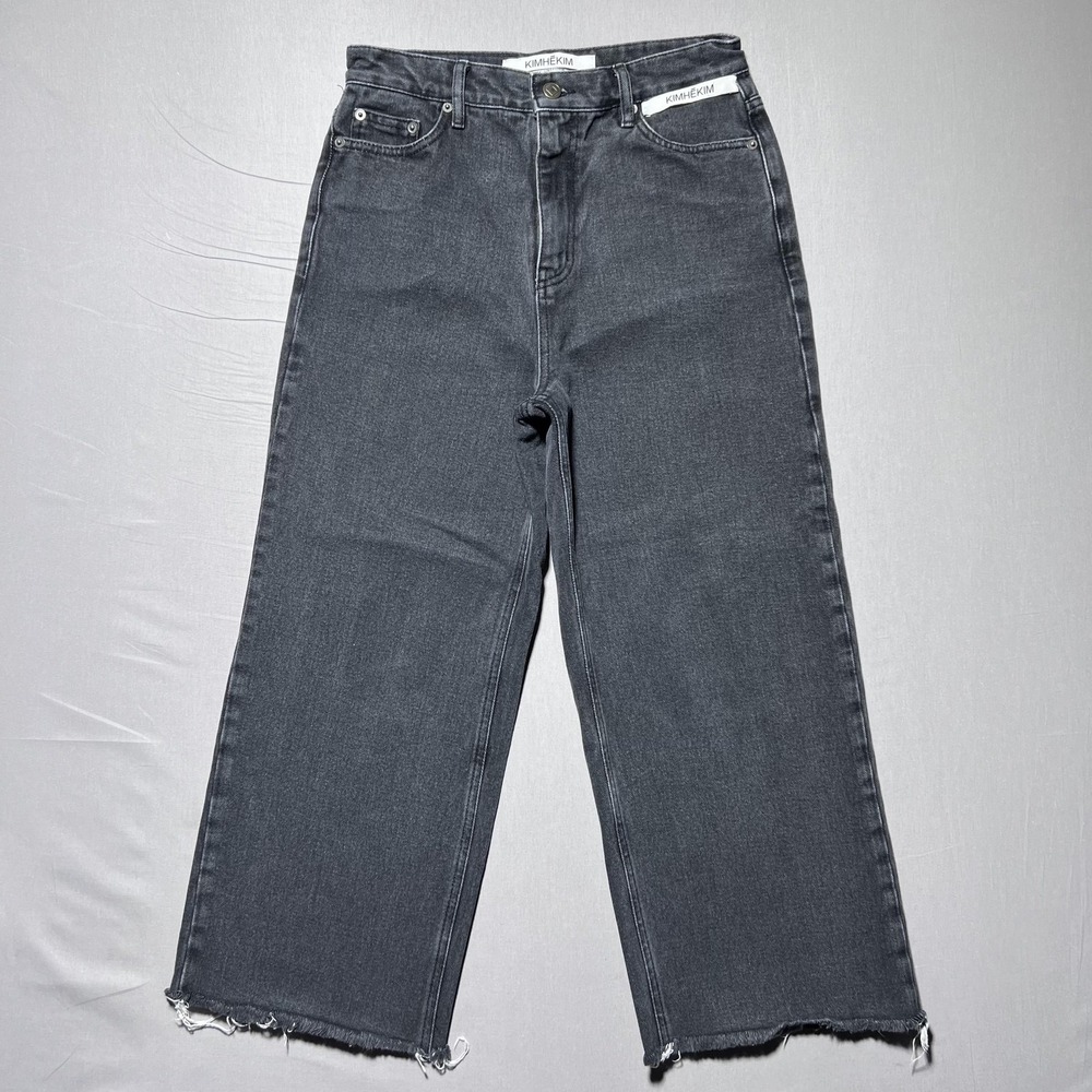 KIMHEKIM My Uniform Wide Leg Raw Hem Jeans Womens 29 High Rise Crop KHK-JN012-BK